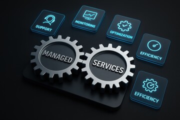 Managed Services Gears: A graphic illustration showcasing two interlocking gear icons, symbolizing managed services, alongside various service-related elements.