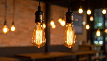 Close-up of two Edison-style bulbs hanging, illuminated in a cafe, with others blurred in the background against a brick wall