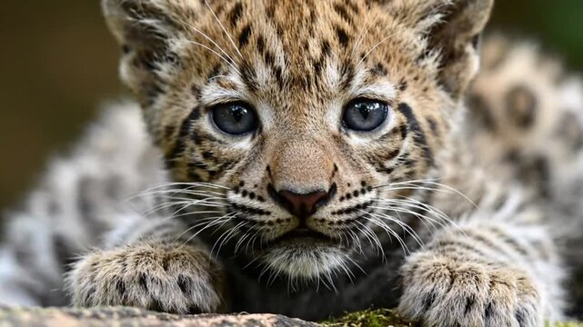 A captivating close-up portrait of an adorable wild leopard cub, resting gently on a mossy surface. Its innocent, wide blue-gray eyes gaze directly forward, drawing the viewer in. The cub's soft, patt