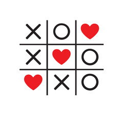 Simple vector illustration of a Tic Tac Toe game board featuring love icons inside the grid, designed with clean lines and minimal style to express playful romance and balance.