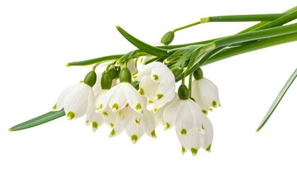 Close-up of delicate white bell-shaped blooms with green accents on long stems. The bouquet appears freshly picked, isolated on a white background