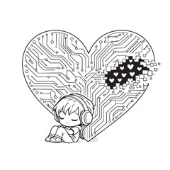 Vector art showing a heart formed by advanced circuit and motherboard patterns, illustrated in a futuristic tech style that represents digital intelligence, connectivity, and modern innovation.