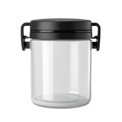 A transparent plastic container with a black lid and two handles, likely for storing food items.