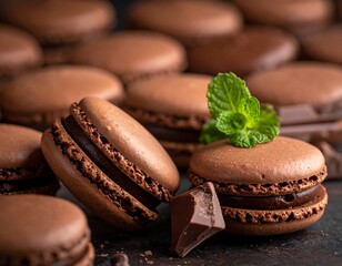 Group of decadent chocolate macarons with rich filling and fresh mint garnish
