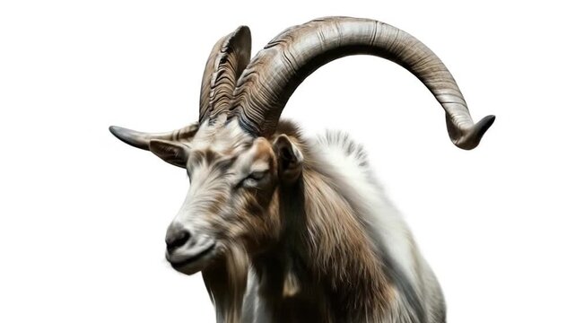 Portraits of Markhor goats with impressive horns on a plain white background animation video