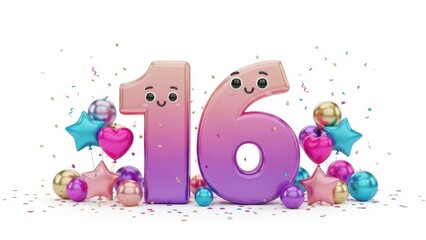Obraz premium Cute 3D Render Number 16 with Gradient Pink Purple, Party Balloons, and Confetti