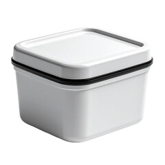 A white plastic container with a black locking rim for secure storage.