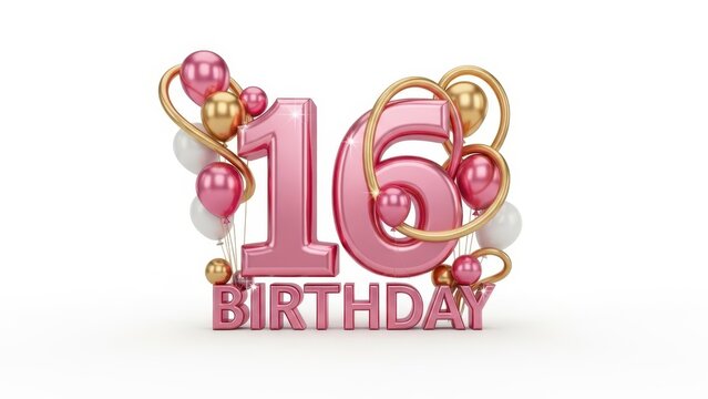 Pink and Gold Sweet Sixteen 16th Birthday Celebration 3D Render Isolated