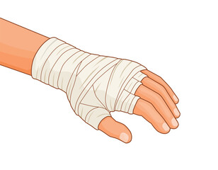 Injured hand with wrist and arm wrapped in bandage 
