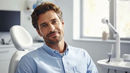 Smiling Man in Dental Chair Awaits Check-up.