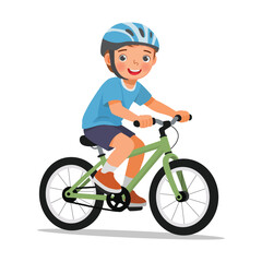 Little boy riding a bicycle wearing helmet