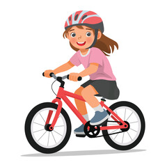 Little girl riding a bicycle wearing helmet