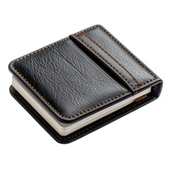 A black leather notebook with visible stitching and a crocodile texture.