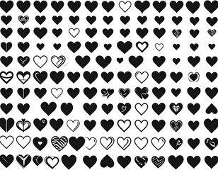 Fototapeta premium Grid of many black and white heart illustrations in various shapes and styles