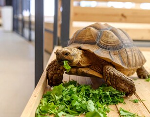 Close-up of a large reptile eating leafy greens on a wooden surface, with a blurred background