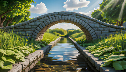 A stone bridge arches over a calm reflective stream surrounded by lush green plants under a blue sky with fluffy clouds and sun rays shining through the trees