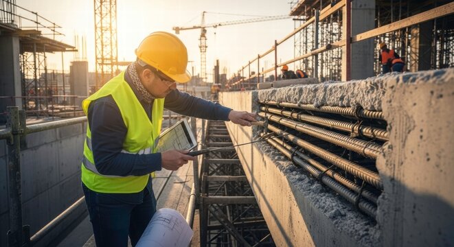 Construction Site Inspection: A focused construction worker meticulously examines the structural integrity of a new building.