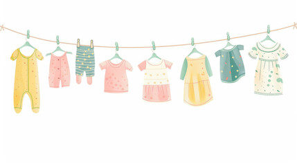 Flat vector illustration of laundry hanging on a clothesline in soft pastel colors on white background