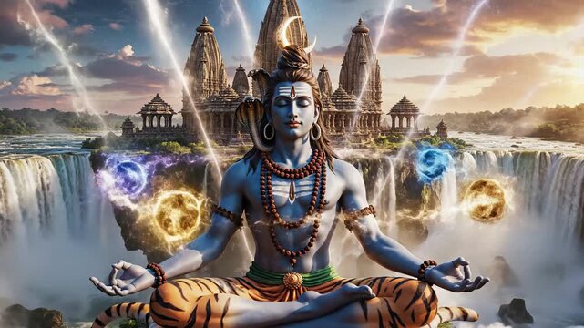 Meditating Shiva with Glowing Chakras and Temple.