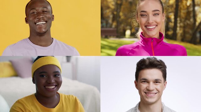 A vibrant collage captures diverse individuals expressing various emotions. Each face reveals joy, enthusiasm, and positivity, set against cheerful backgrounds that enhance their unique personalities.