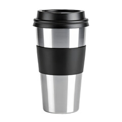 A black and silver travel coffee mug with a black lid for keeping drinks hot and portable.