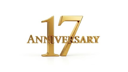 Golden Glossy 3D Number 17 and Anniversary Text Isolated on White Background