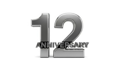 3D Render of Silver Metallic Number 12 with Anniversary Text Isolated on White Background