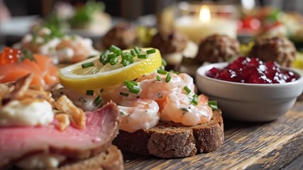 A delightful closeup of an exquisite array of gourmet openfaced sandwiches featuring traditional Scandinavian smrrebrd with smoked salmon and red caviar tender roast beef and fresh shrimp adorned wit.