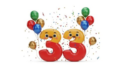 Naklejka premium Cute number 33 balloon characters with smiling faces, 33rd birthday celebration with colorful balloons and confetti, festive anniversary party design