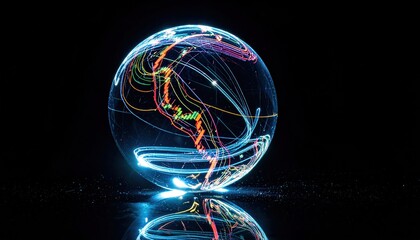 Abstract Glowing Sphere with Trails of Light on Black Background.