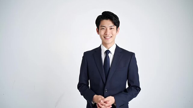 新卒として社会に踏み出す日本人ビジネスマンを想定したフォトリアル映像。
淡いホワイト系背景と均一なスタジオ光で清潔感と信頼感を表現。
若々しさと緊張感を含んだ自然な笑顔が前向きなキャリアの始まりを演出。