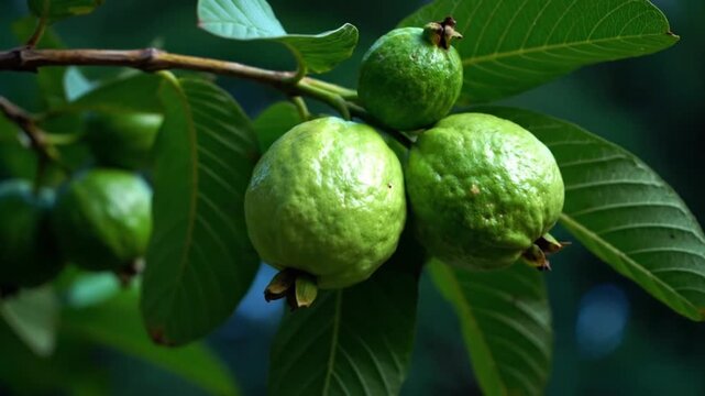 A captivating close-up reveals several vibrant, unripe green guavas thriving organically on a sturdy tree branch, nestled amongst lush, verdant foliage. The natural daylight gently highlights the subt