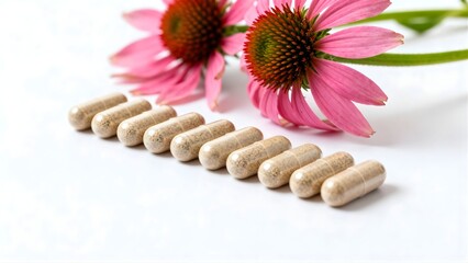 Echinacea herbal supplement capsules and fresh Echinacea flowers 