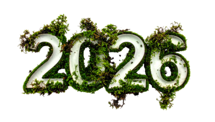 White numbers 2026, covered in moss, isolated on black background