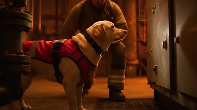 Fire dog working with firefighter in building.
