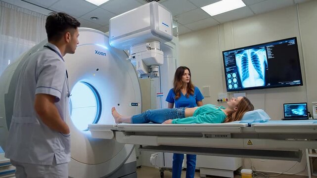 Medical professionals performing a diagnostic imaging scan on a female patient using advanced technology in a modern hospital