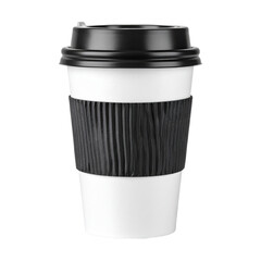 A disposable coffee cup with a black lid and thermal sleeve.
