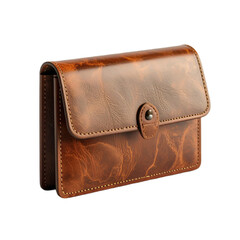 A brown leather portfolio with a snap button, featuring natural textured surface and visible yellow stitching.