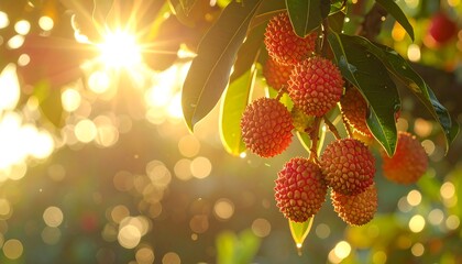 Close-up of lychees hanging from a branch bathed in sunlight, the leaves and background blurred by the bokeh effect