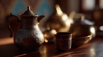 Intricate antique tea set with detailed engravings displaying rich cultural tradition