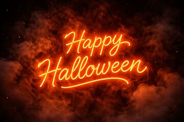 Happy Halloween neon sign against a smoky backdrop. Glowing spooky text for a Holiday party invitation, poster or social media banner.