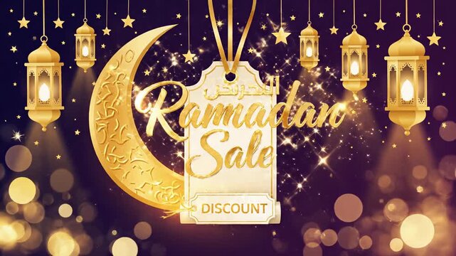 Animated festive background featuring glowing golden lanterns, sparkling stars, and a luminous crescent moon against a deep, bokeh-filled night sky. A central decorative tag prominently displays a sal