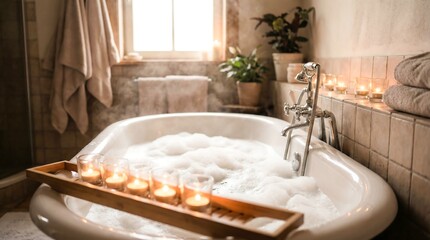 Bathtub filled with bubbles and candles in a serene bathroom. Relaxing spa experience. Cozy home decor for self care and wellness.