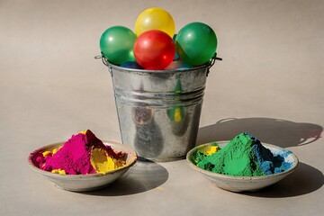 Obraz premium Colorful Holi bucket with water balloons and bowls of vivid Gulal powder, representing the joyful spirit of the Indian spring festival.