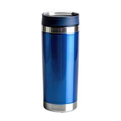 A sleek blue insulated travel mug with a stainless steel rim and lid.