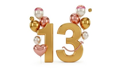 Naklejka premium Golden number 13 with metallic balloons, 13th birthday celebration concept, elegant rose gold and gold party decorations on white background