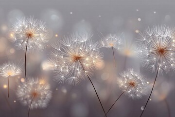 Obraz premium Ethereal dandelion seed heads with soft bokeh and glowing backlight