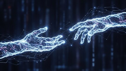 Glowing blue digital hands reaching out to each other in a dark background with neon connections and networks, representing technology and communication with innovation