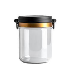 A clear plastic jar with a black and gold lid, designed for storing dry goods.