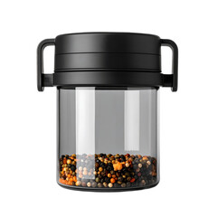 A clear spice jar filled with mixed whole spices in black plastic.